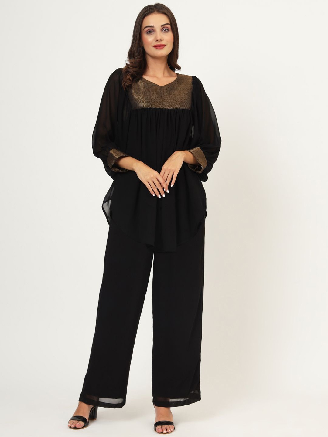 

studio rasa Women Solid Brocade Yoke Georgette Co-ord, Black