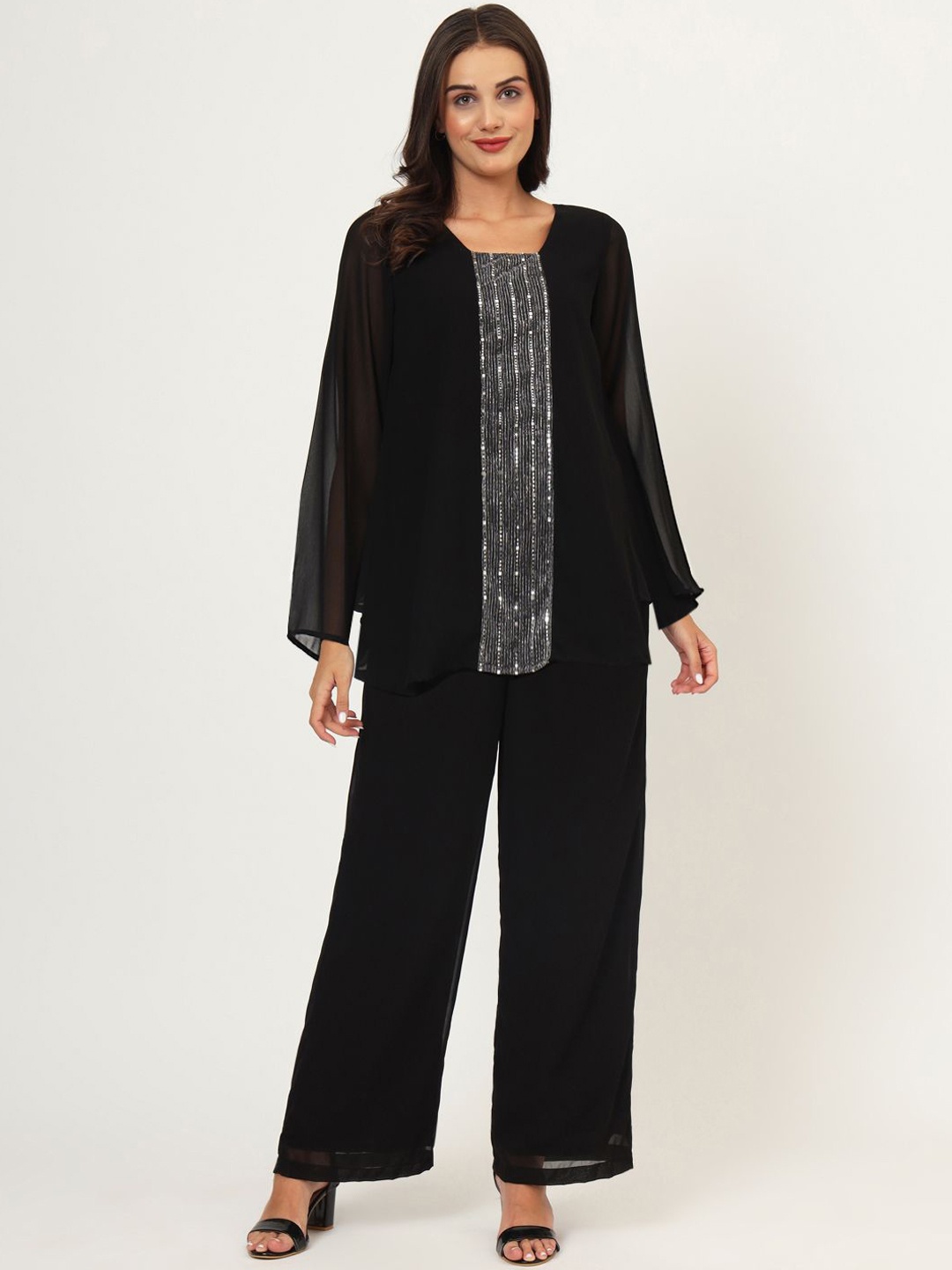 

studio rasa Women Embellished Georgette Square Neck Tunic With Palazzos Co-Ords, Black