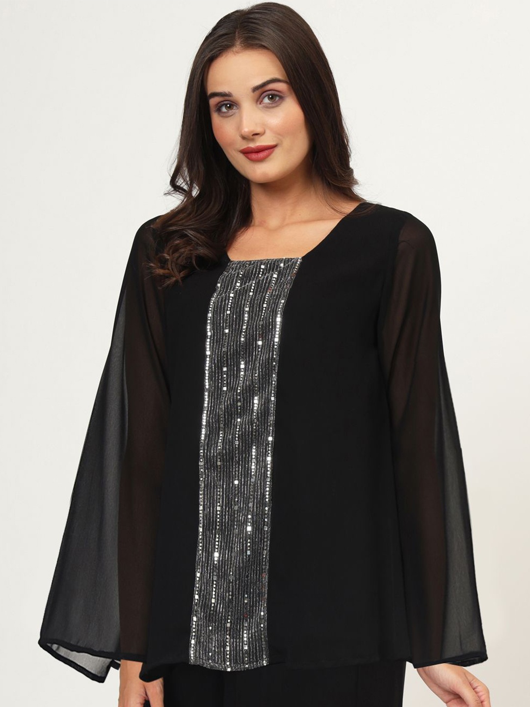 

studio rasa Woven Design Square Neck Flared Sleeves Panelled Kurti, Black