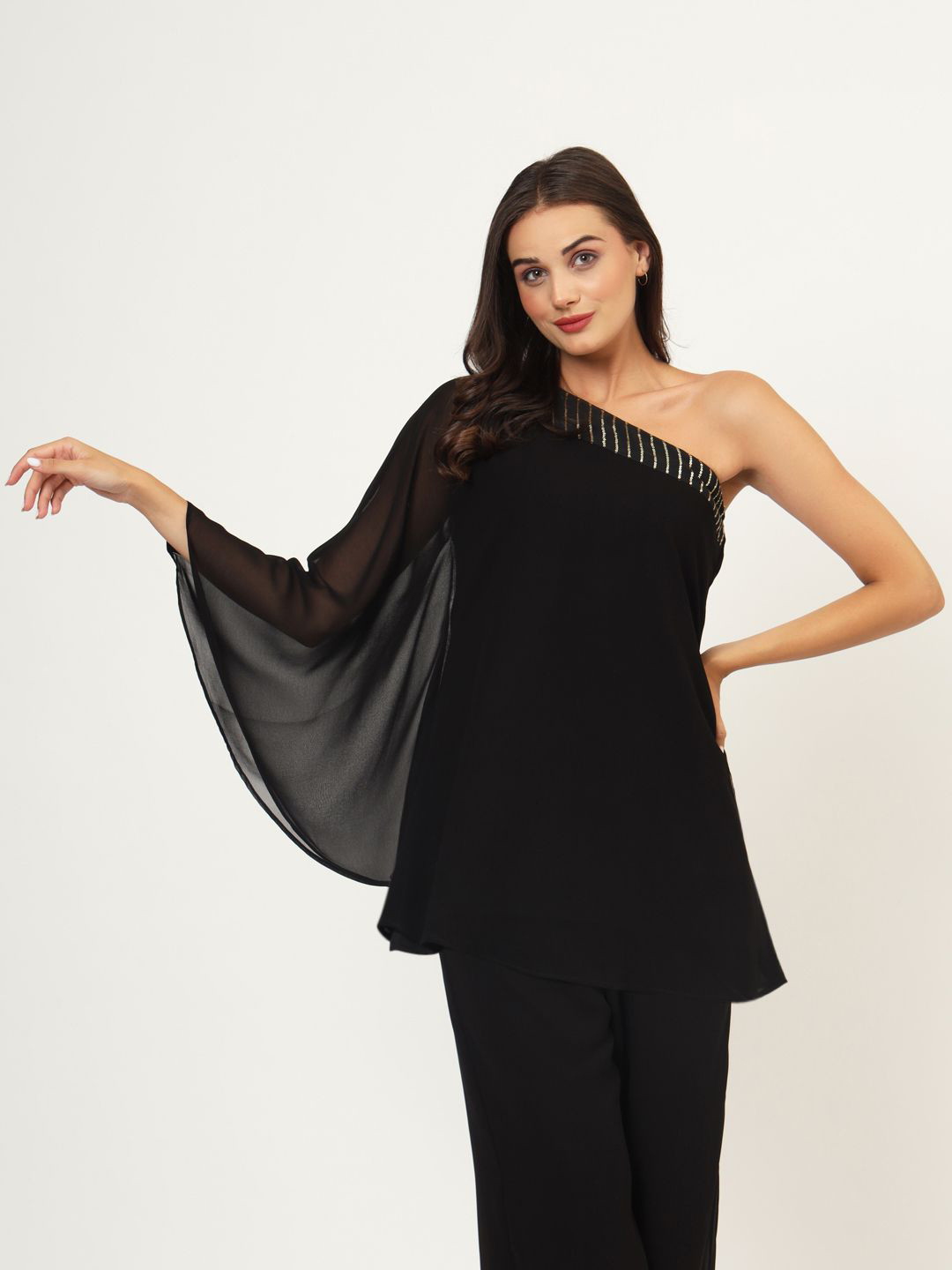 

studio rasa Embellished One-shoulder Solid Top, Black