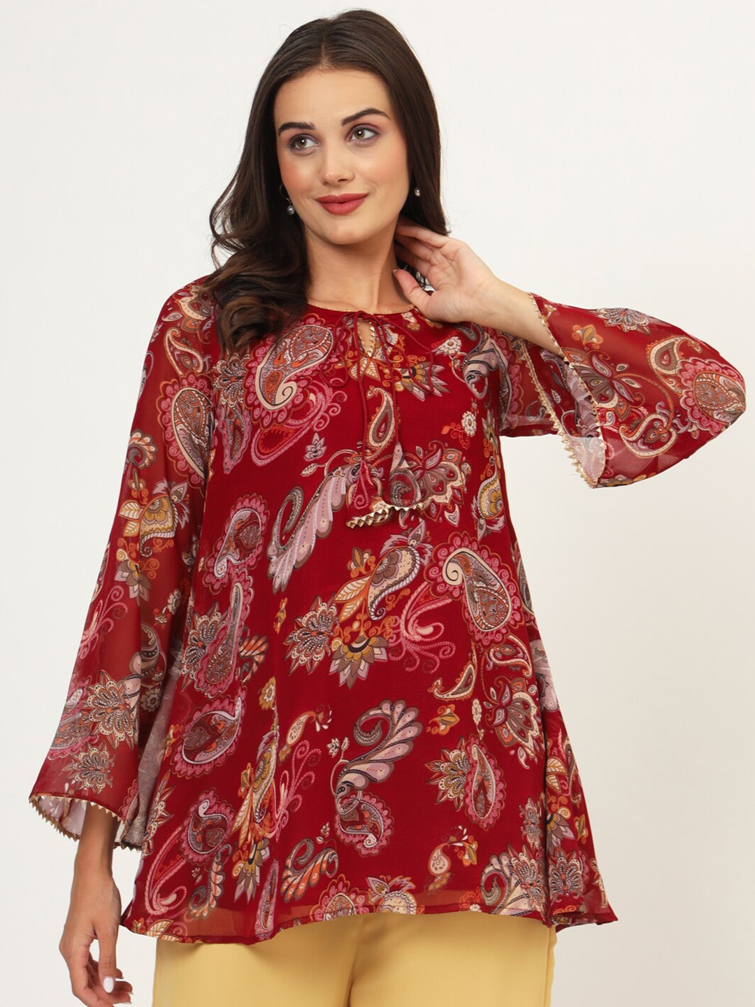 

studio rasa Paisley Printed Flared Sleeves A-line Kurti, Red