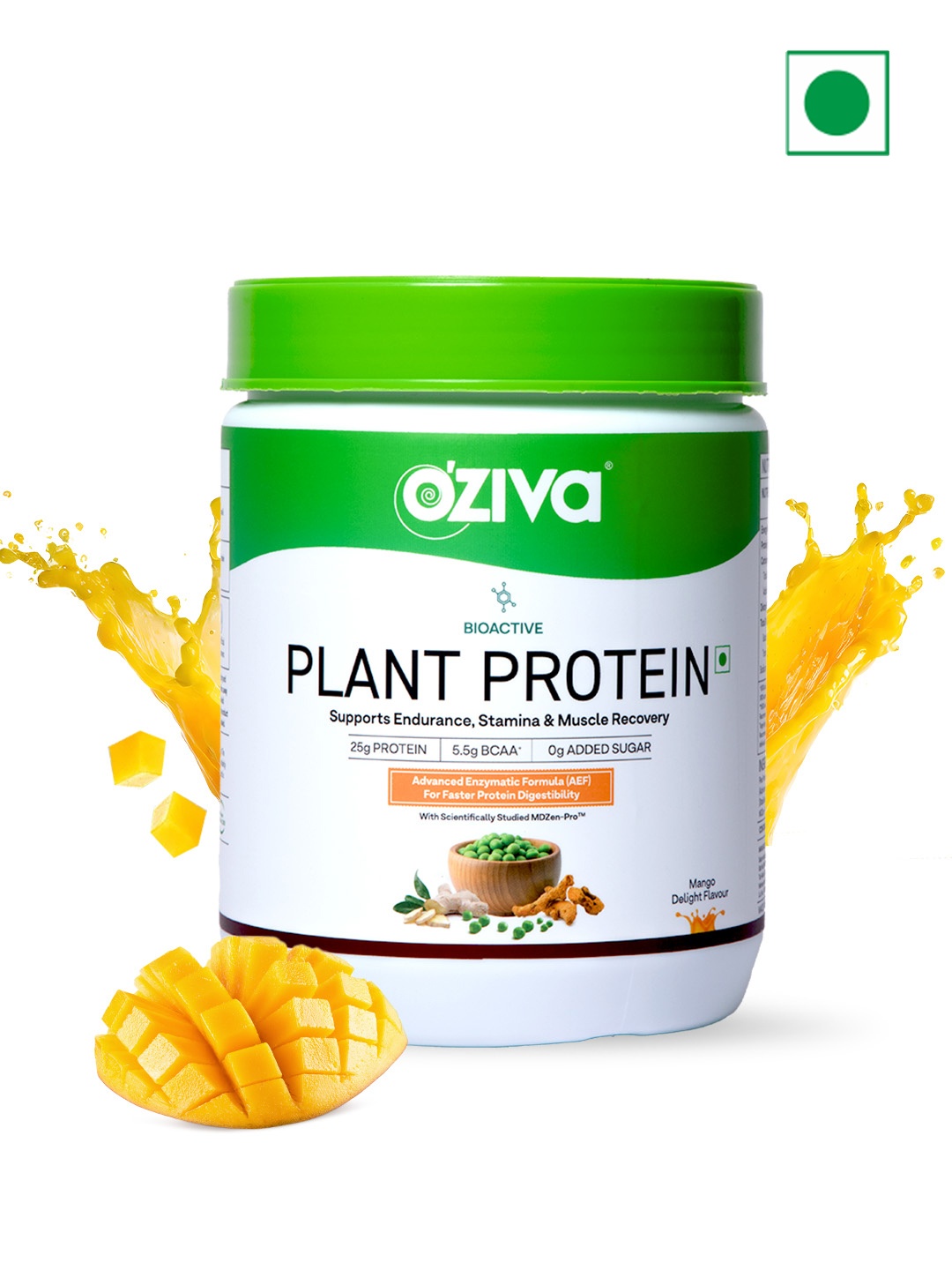 

OZiva Bioactive Plant Protein For Better Muscle Recovery Mango Delight - 500g, Green