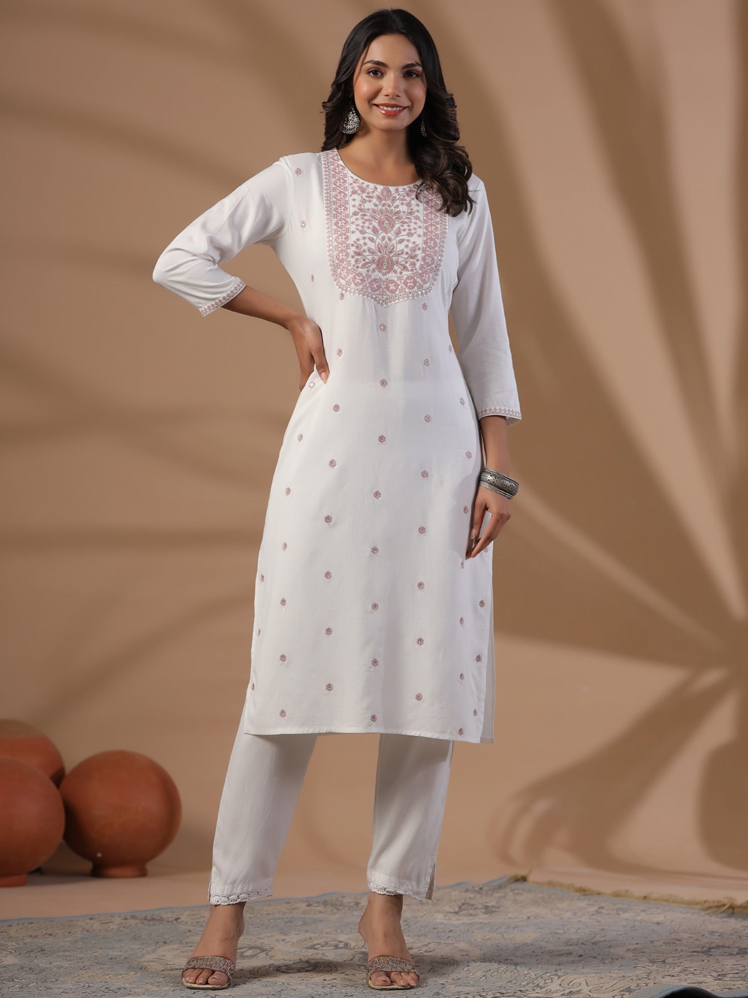 

Readiprint Fashions Women Geometric Embroidered Flared Sleeves Thread Work Floral Kurta, White