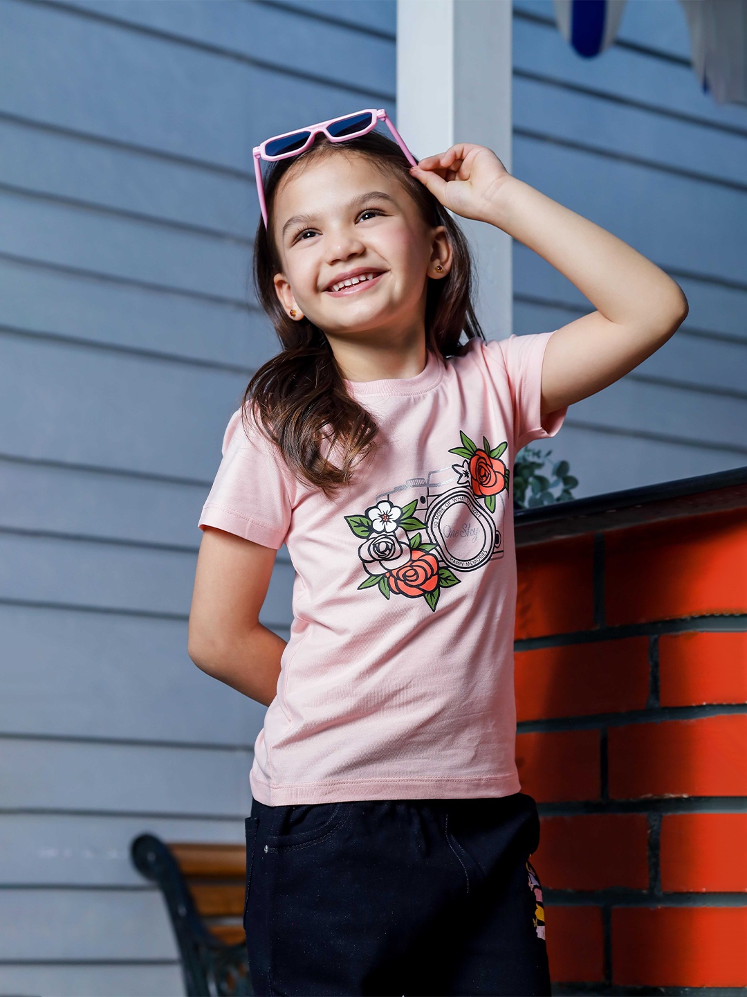 

ONE SKY Girls Floral Printed Round Neck T-shirt, Pink