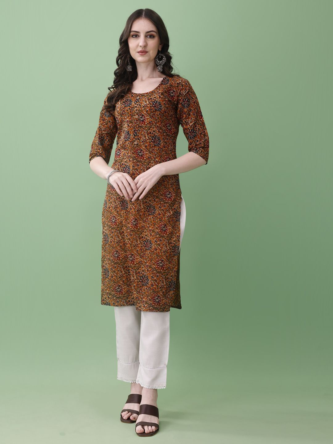 

SAPTRANGI Printed Pure Cotton Straight Kurtas, Brown