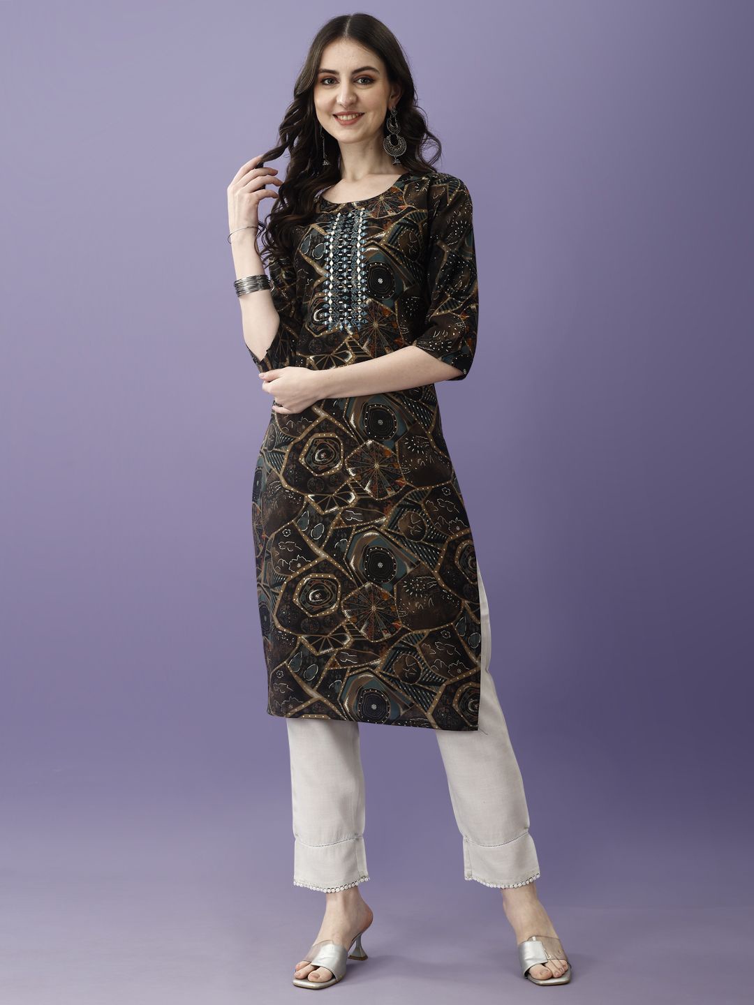 

SAPTRANGI Printed Pure Cotton Straight Kurta, Black