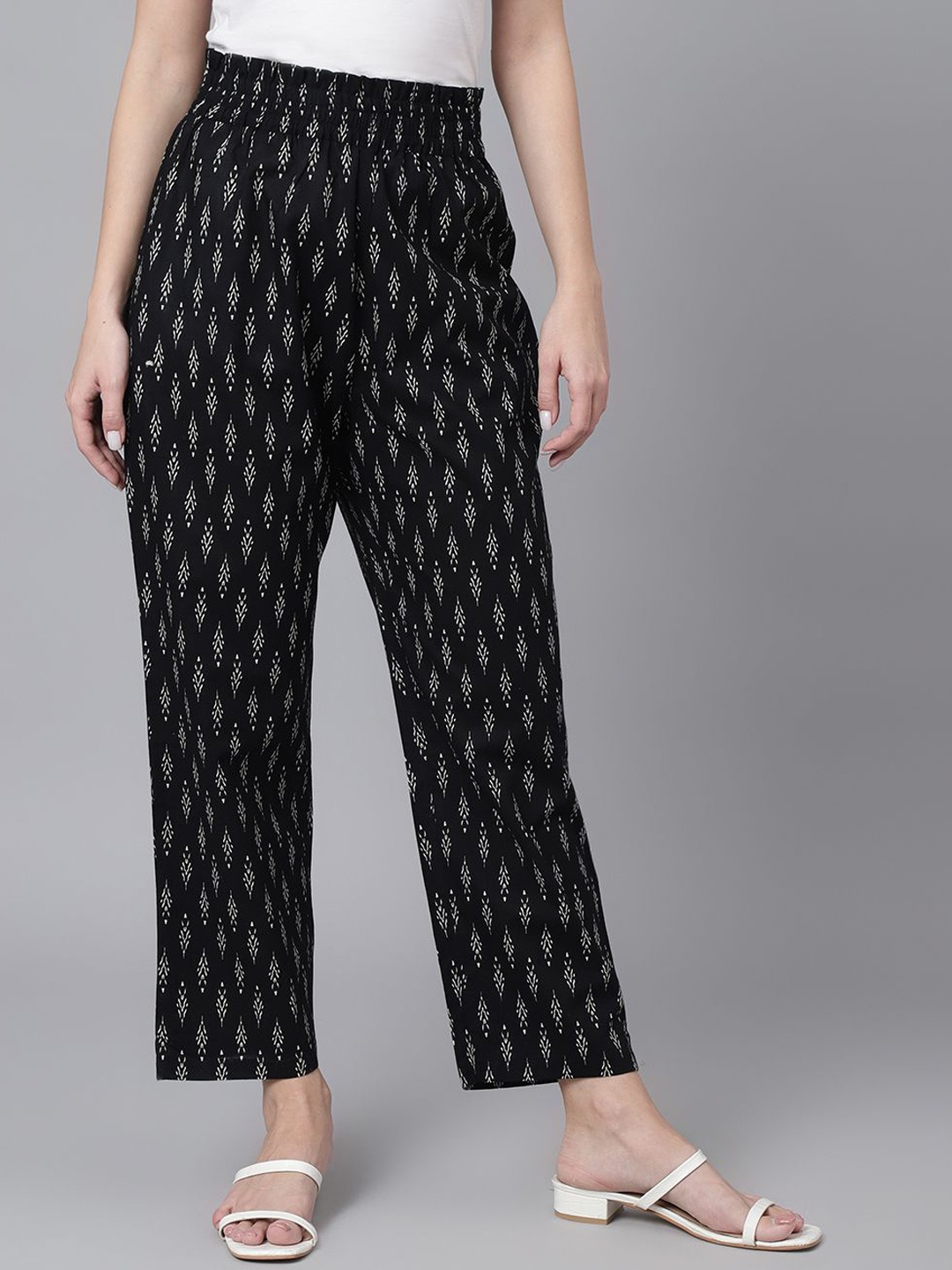 

DECKEDUP Women Printed Mid-Rise Parallel Trousers, Black