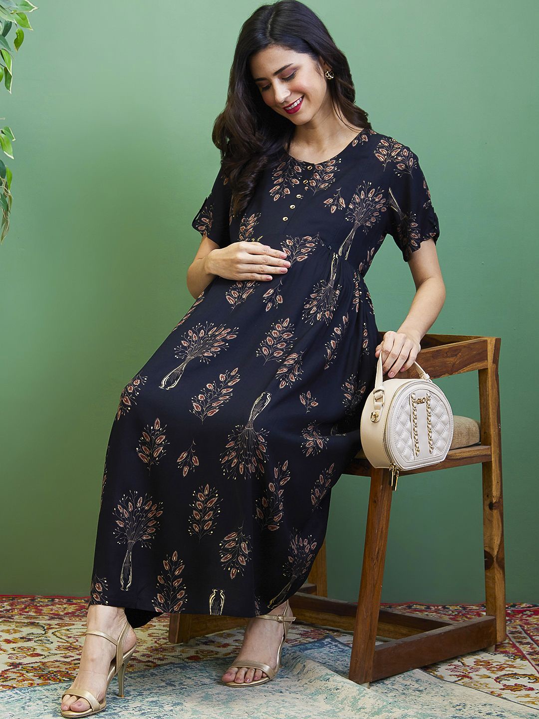 

AV2 Ethnic Motif Printed A-Line Maternity Ethnic Dress, Black