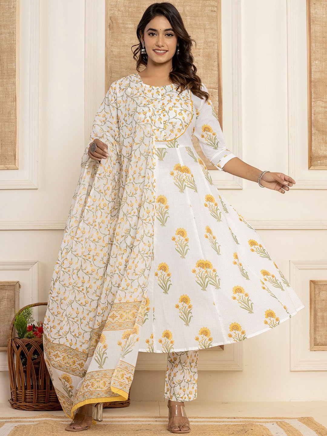 

Yufta Women Floral Embroidered Pure Cotton Kurta with Trousers & With Dupatta, Mustard