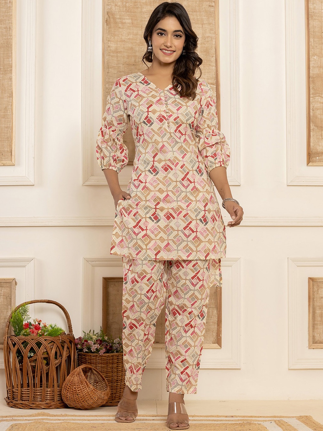 

Yufta Printed Pure Cotton V-Neck Tunic With Trouser Co-Ords, Cream