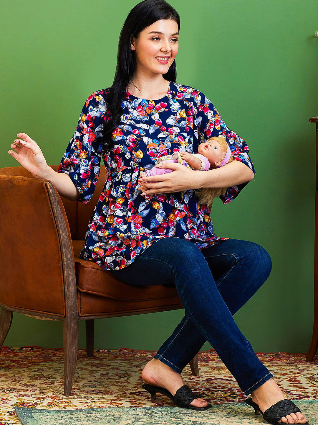 

AV2 Feeding Top Floral Printed Round Neck Longline Top, Navy blue