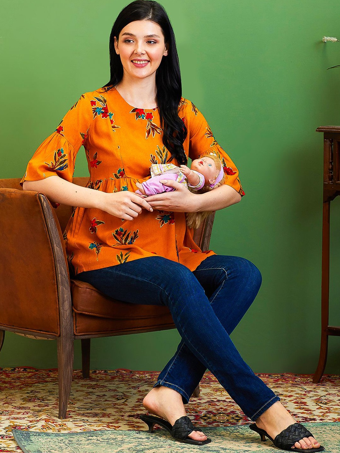 

AV2 Feeding Top Floral Printed Round Neck Longline Top, Yellow