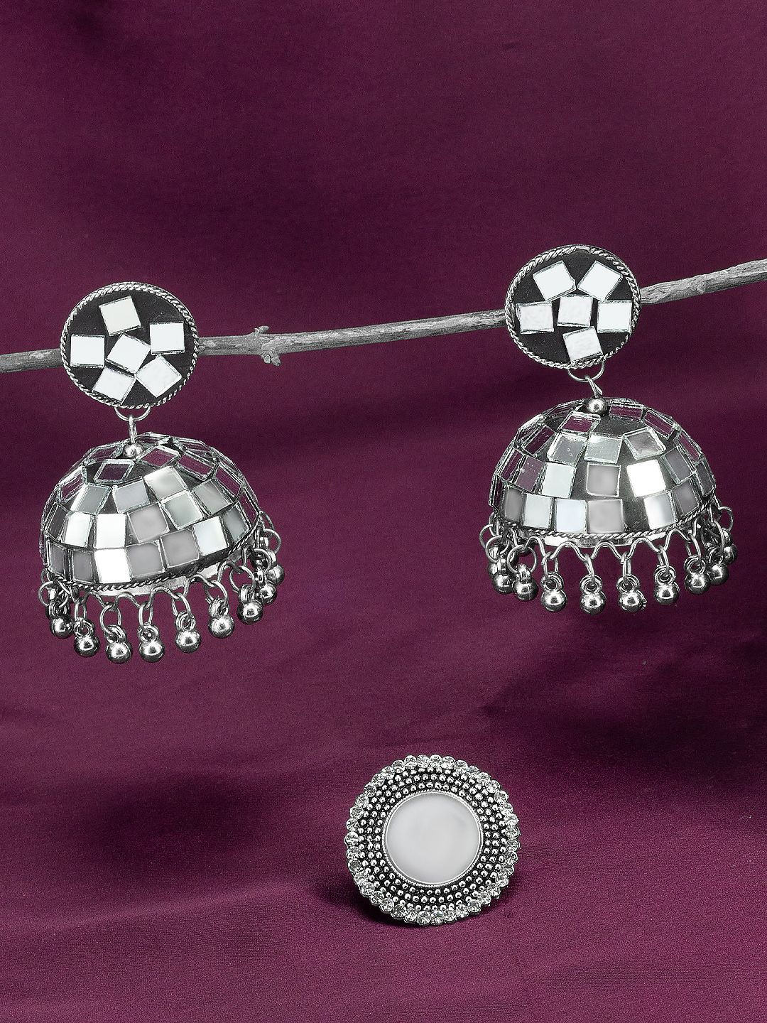 

PRIVIU Silver-Plated Oxidised Mirror Stones-Studded Jewellery Set