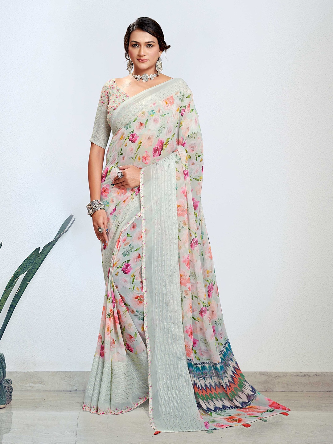 Mitera Floral Poly Georgette Saree, Turquoise blue