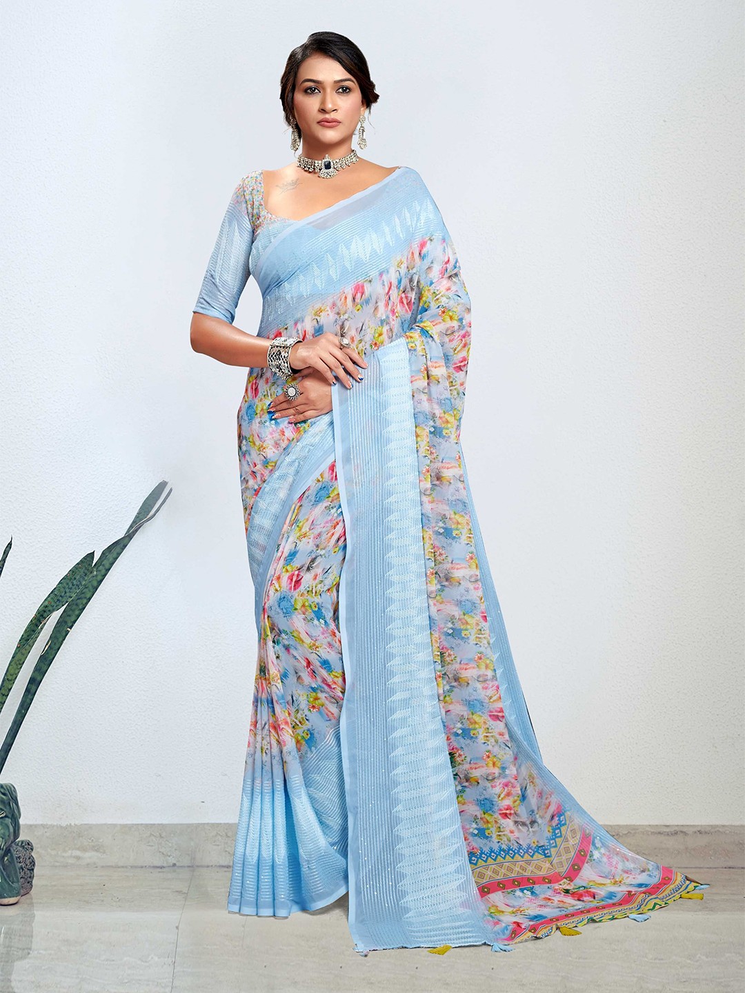 

Mitera Floral Saree, Blue