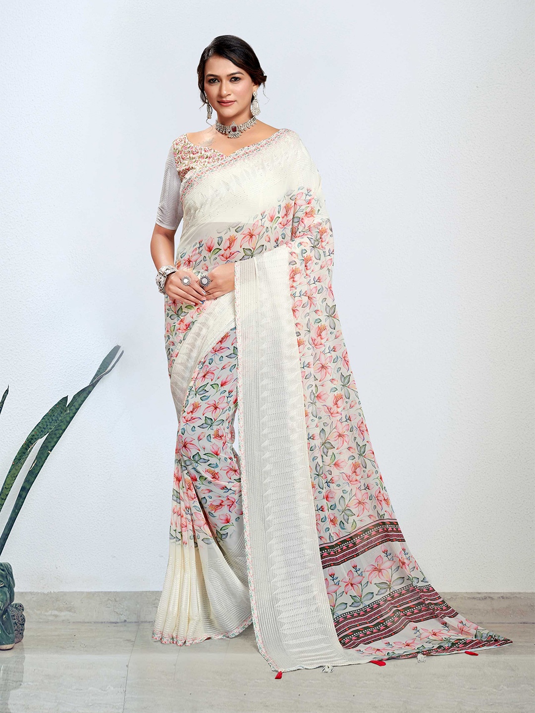 Mitera Floral Saree, Off white