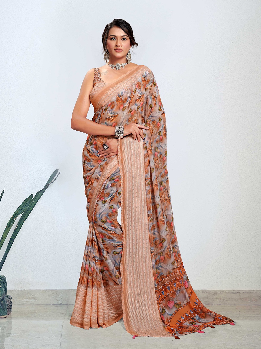 

Mitera Floral Embellished Saree, Brown