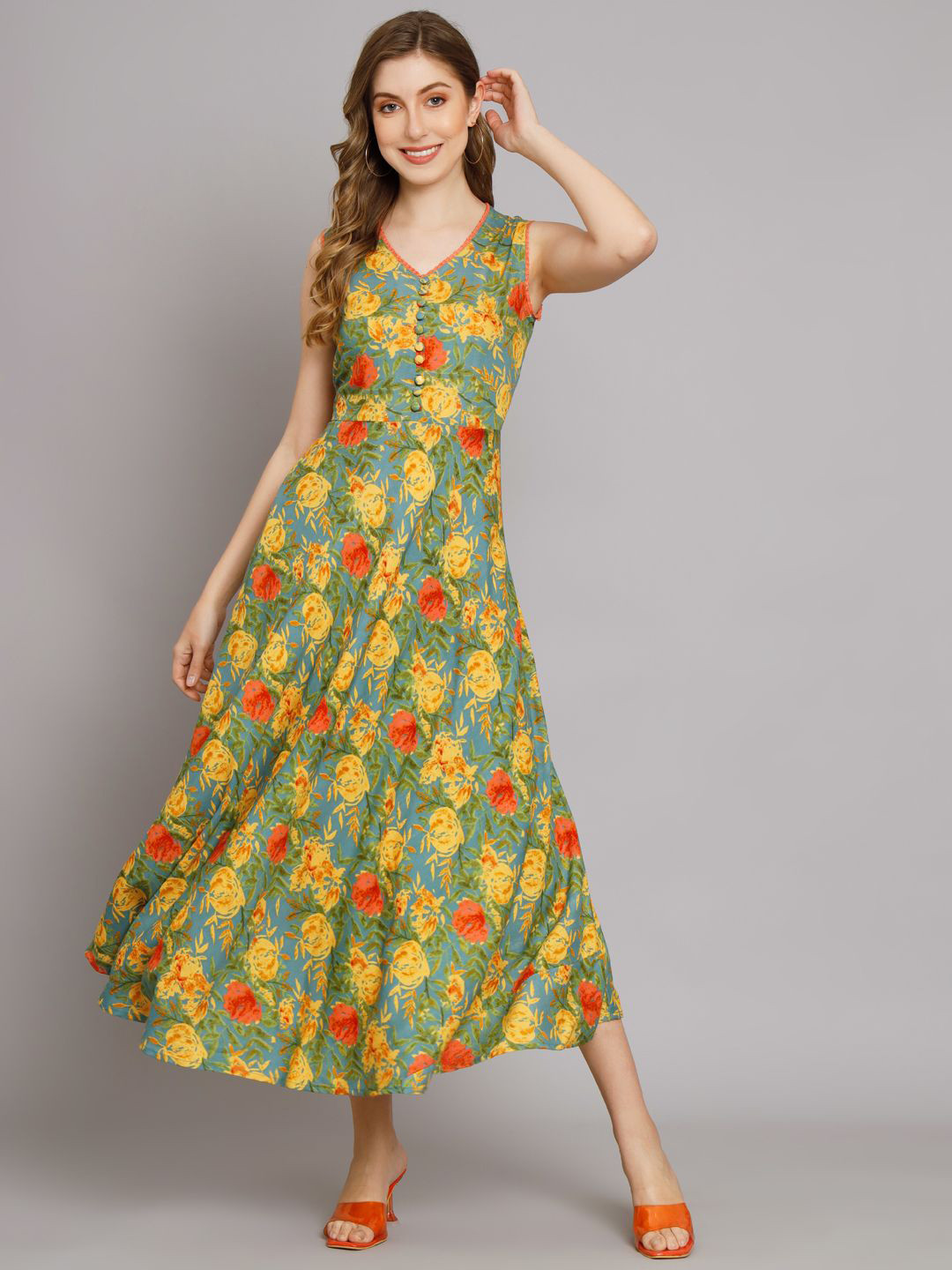

DECKEDUP V-neck Sleeveless A-line Lace Details Midi Dress, Green