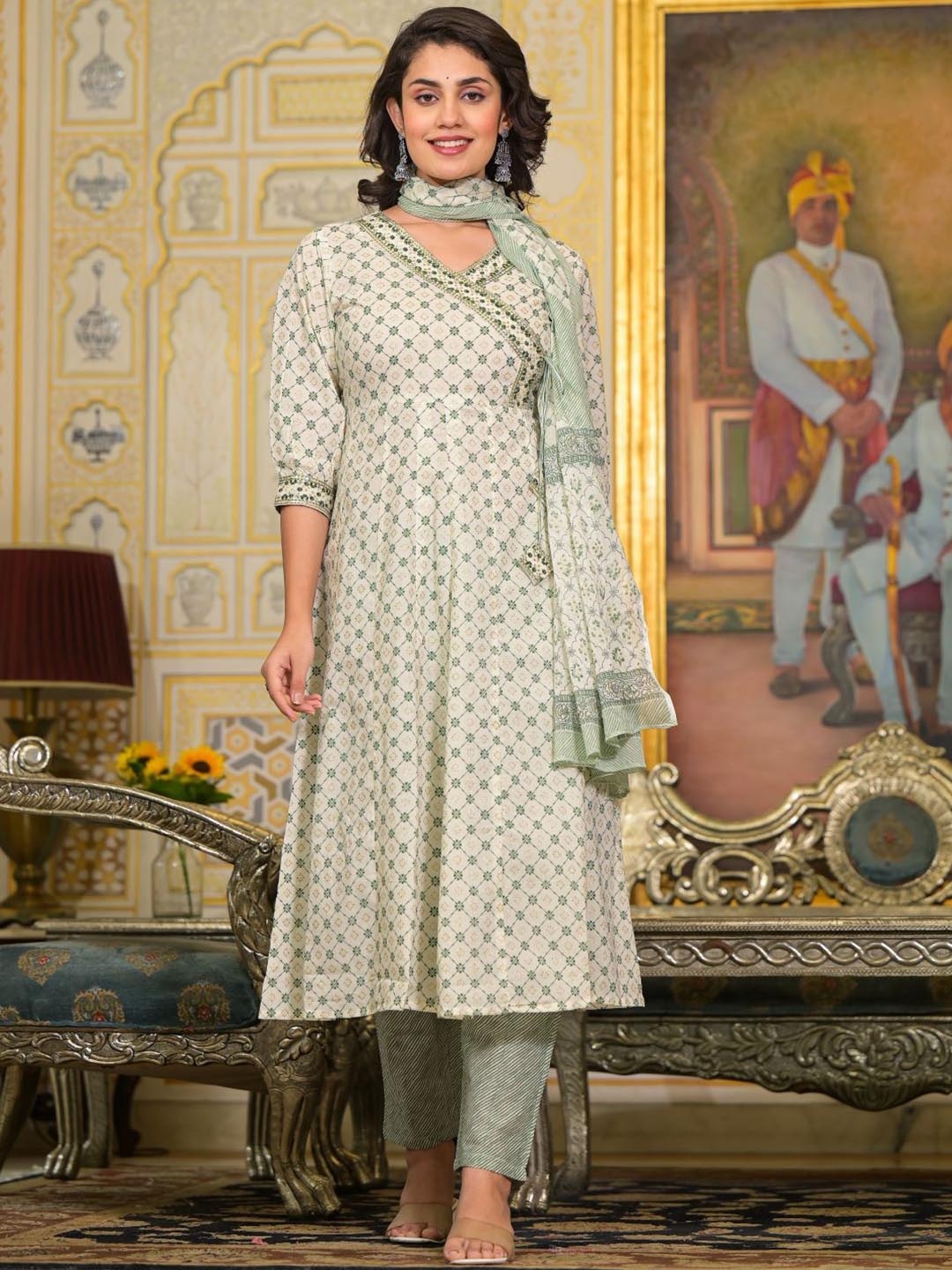 

VASVI Women Printed Angrakha Sequinned Pure Cotton Kurta with Harem Pants & With Dupatta, Green
