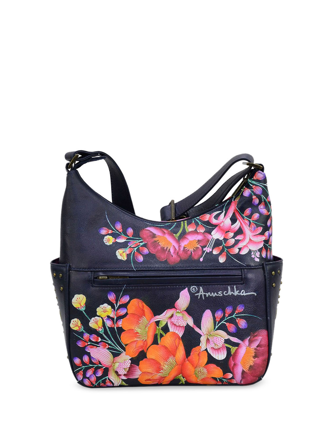 

Anuschka Floral Printed Leather Oversized Structured Shoulder Bag with Tasselled, Navy blue