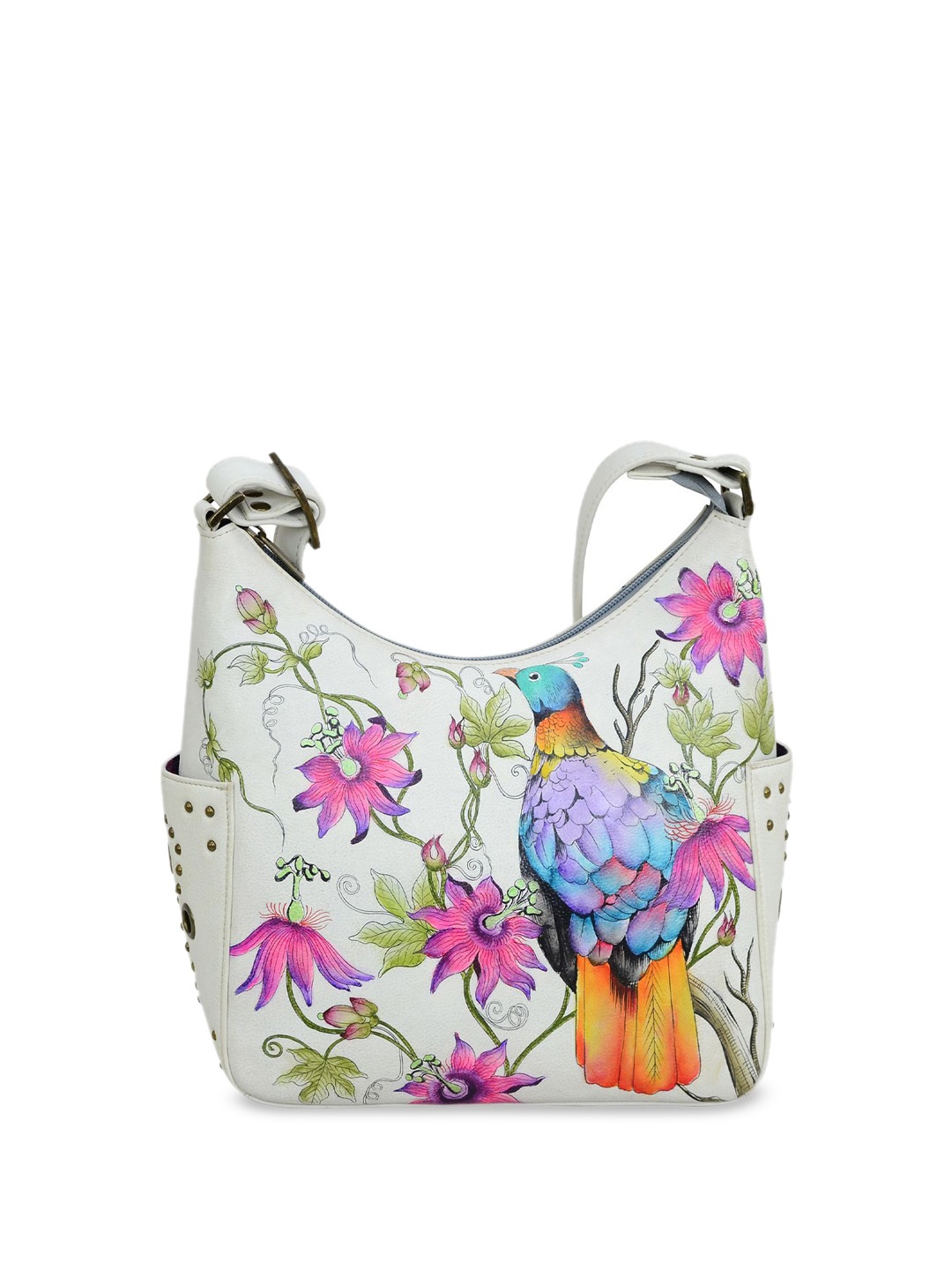 

Anuschka Floral Printed Leather Oversized Half Moon Sling Bag, White
