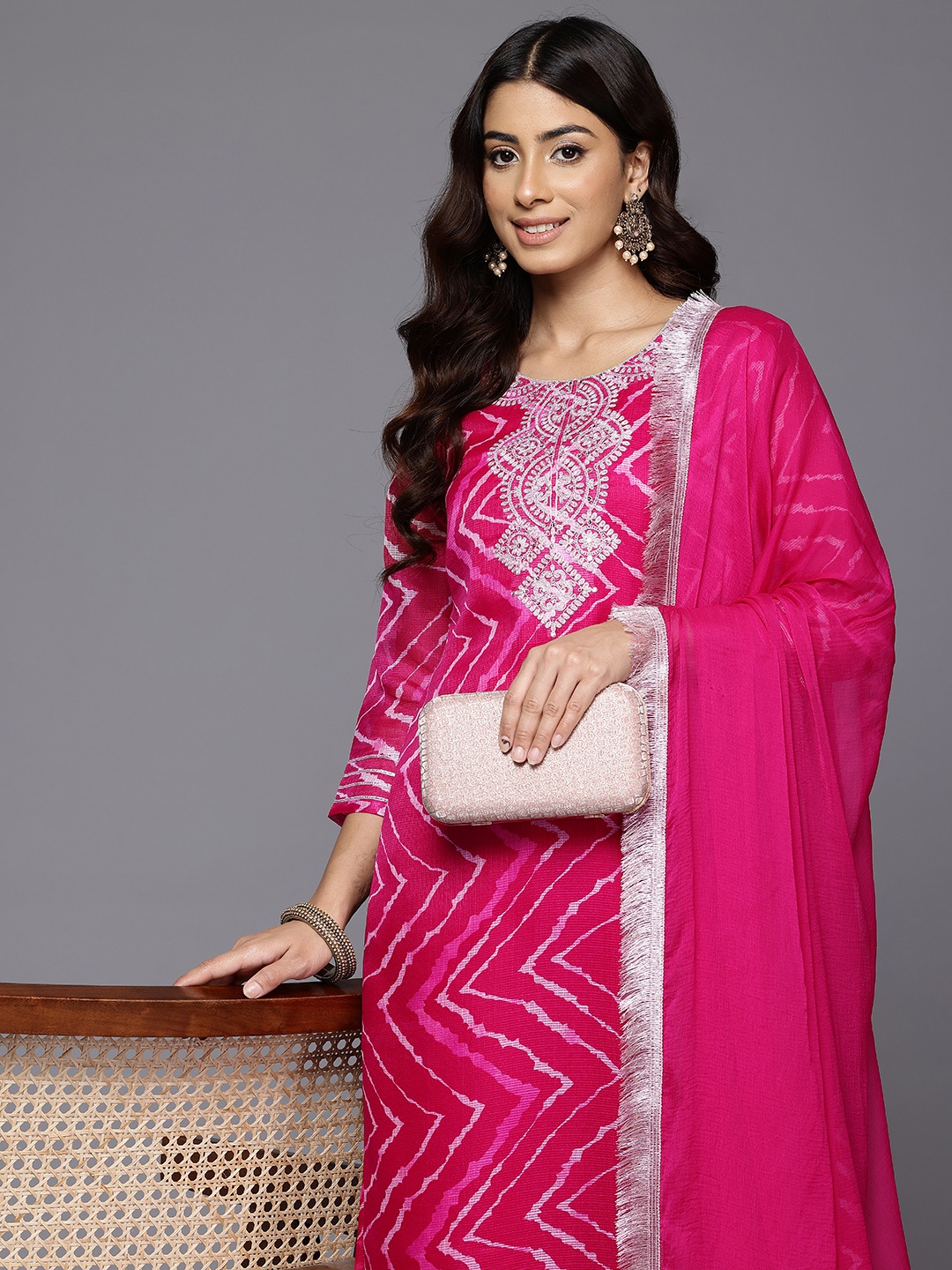 

Varanga Embroidered Silk Georgette Kurta with Trousers & With Dupatta, Pink