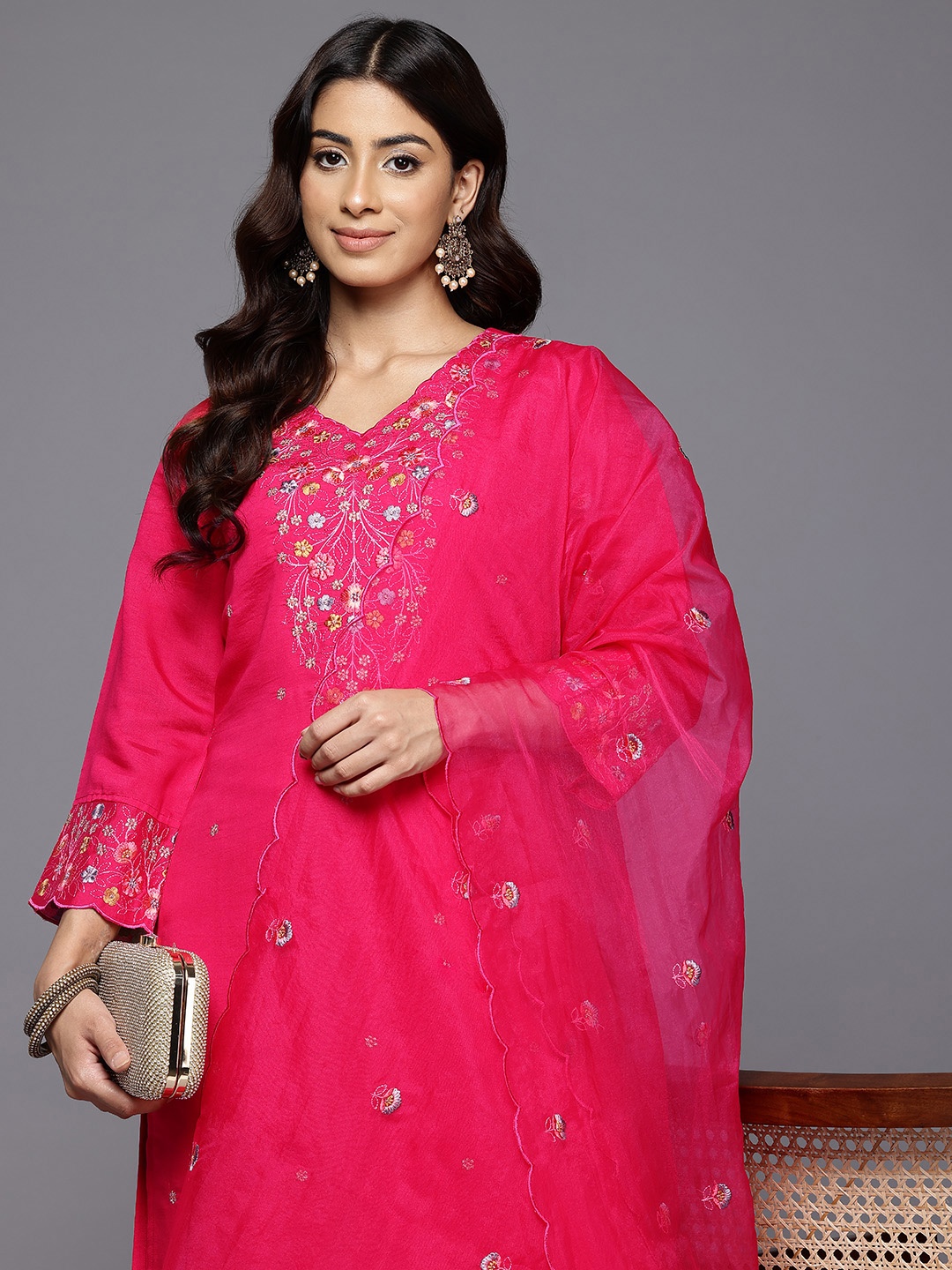 

Varanga Floral Embroidered Thread Work Pure Cotton Kurta With Trousers & Dupatta, Fuchsia