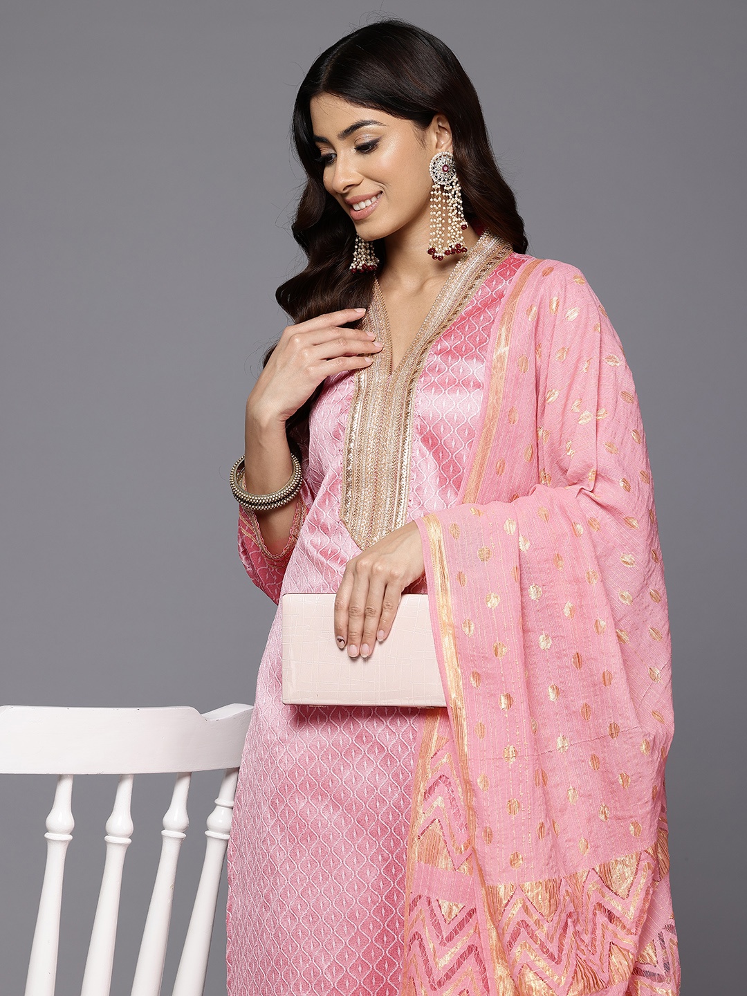 

Varanga Women Woven Design Gotta Patti Kurta with Trousers & With Dupatta, Peach