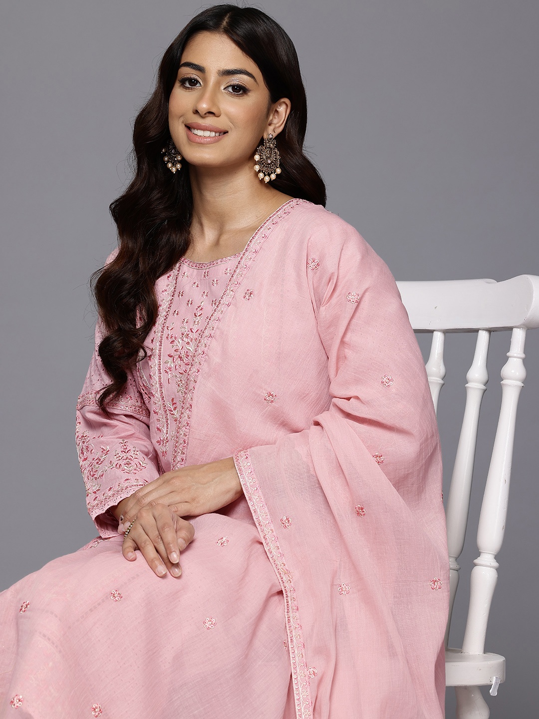 

Varanga Floral Embroidered Thread Work Pure Cotton Kurta With Trousers & Dupatta, Peach