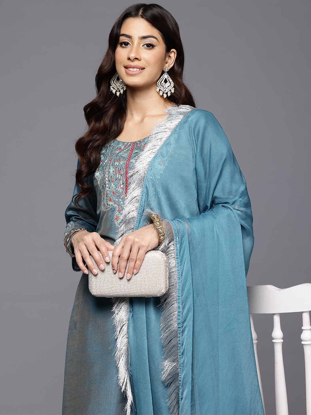 

Varanga Women Ethnic Motifs Embroidered Regular Mirror Work Kurta with Trousers & With Dupatta, Teal