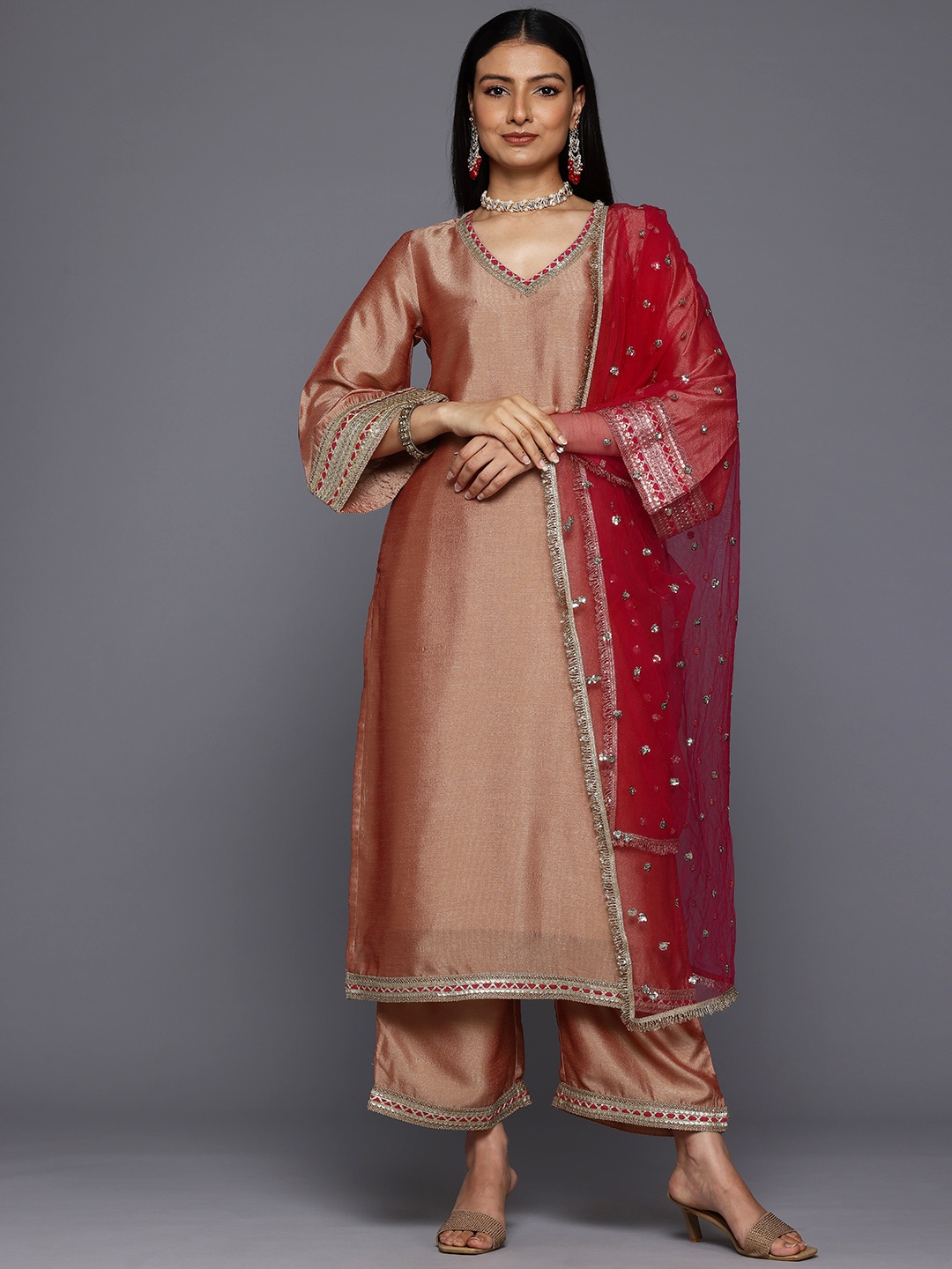 

Varanga Women Ethnic Motifs Embroidered Sequinned Kurta with Trousers & With Dupatta, Peach