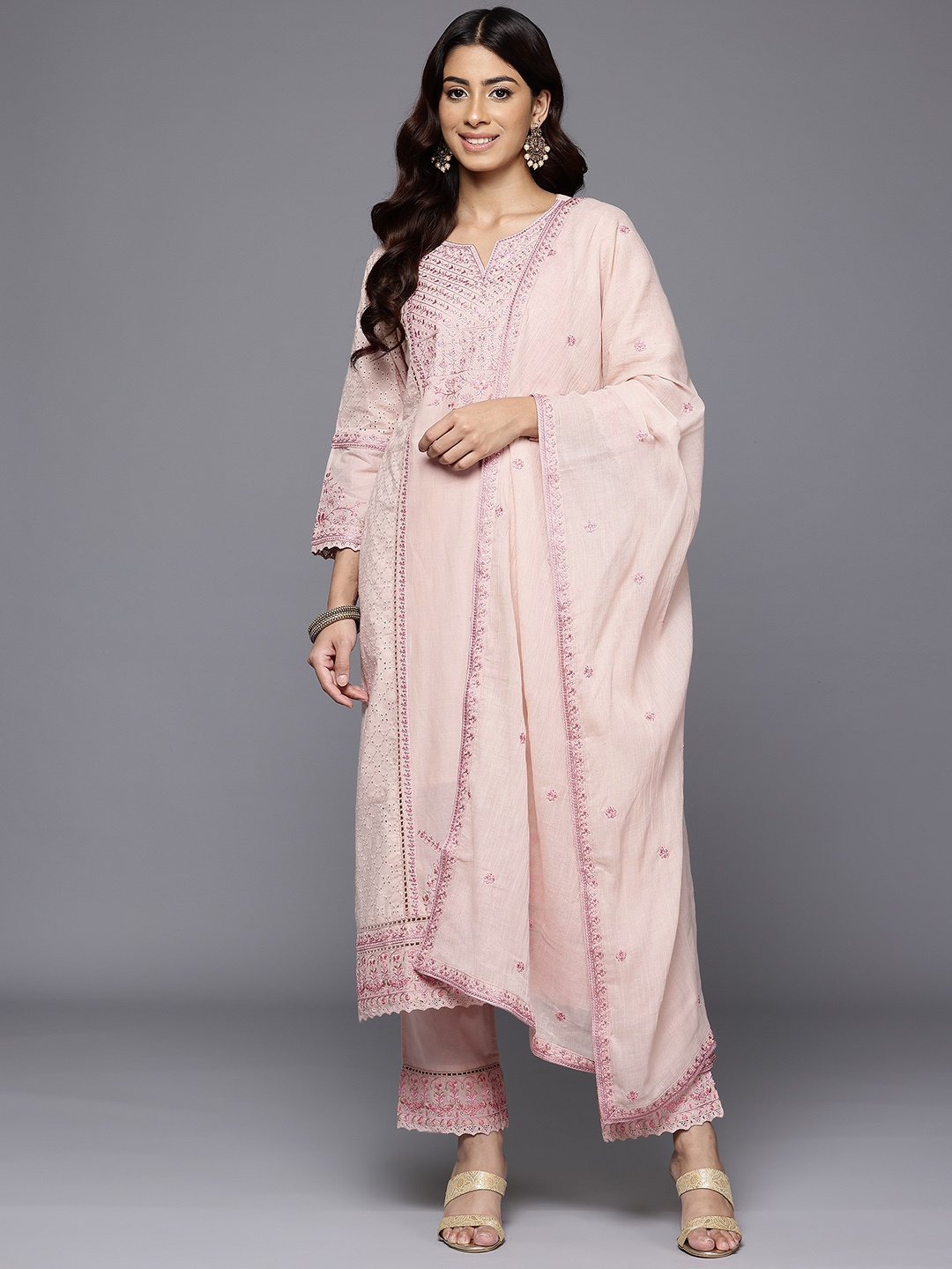 

Varanga Floral Embroidered Panelled Thread Work Pure Cotton Kurta With Trousers & Dupatta, Beige