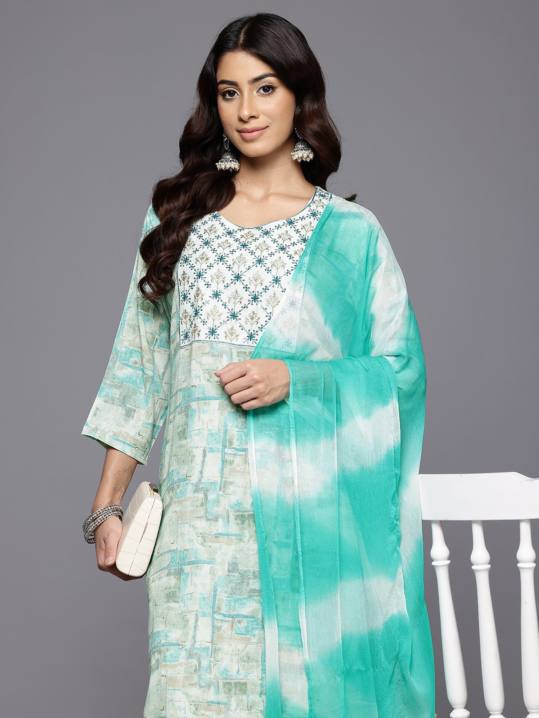 

Varanga Embroidered Thread Work Kurta with Trousers & With Dupatta, Turquoise blue