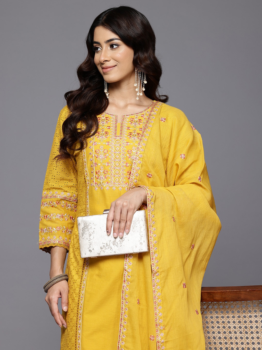 

Varanga Floral Embroidered Panelled Thread Work Pure Cotton Kurta With Trousers & Dupatta, Yellow