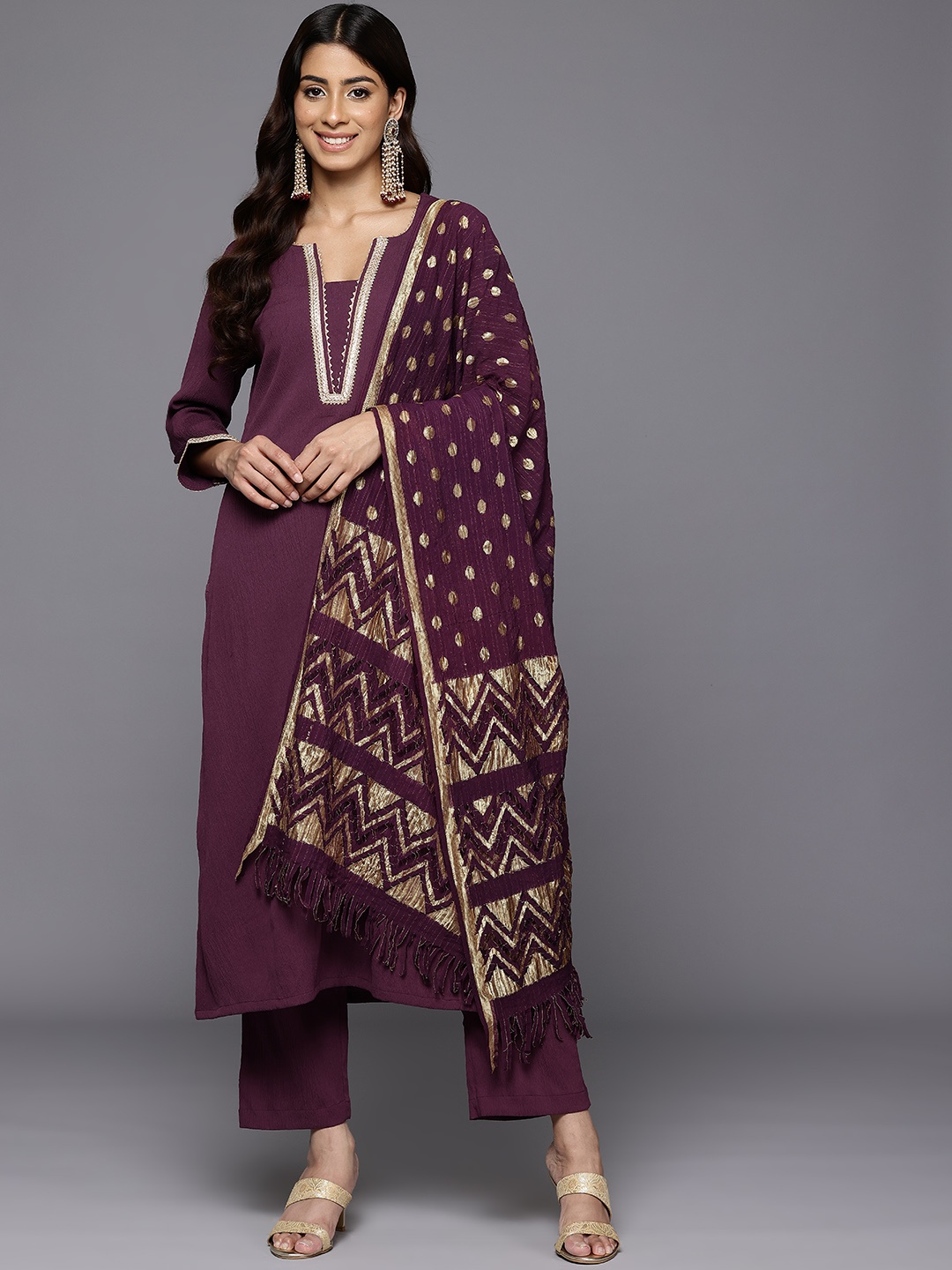 

Varanga Women Regular Gotta Patti Silk Crepe Kurta With Trousers & Dupatta, Purple