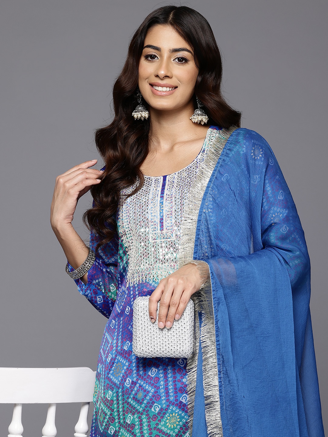 

Varanga Bandhani Embroidered Sequinned Silk Georgette Kurta With Trousers & Dupatta, Blue