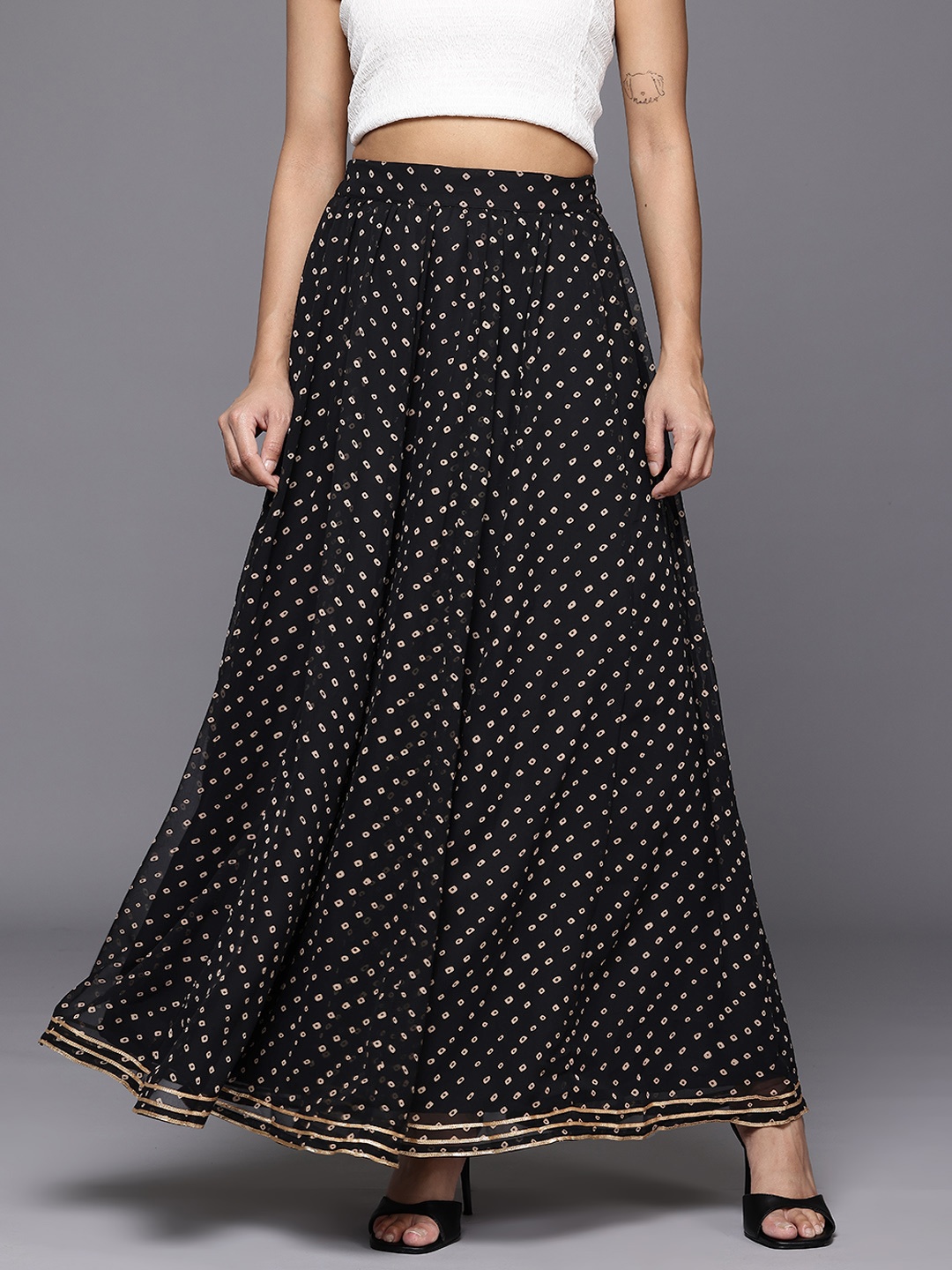 

Varanga Women Bandhani Printed Gotta Patti Detail Flared Maxi Skirt, Black