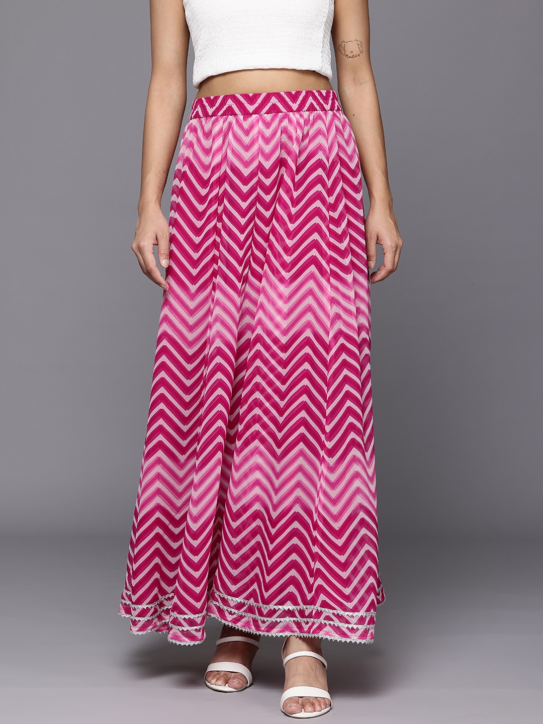 

Varanga Women Leheriya Printed Gotta Patti Detail Flared Maxi Skirt, Fuchsia