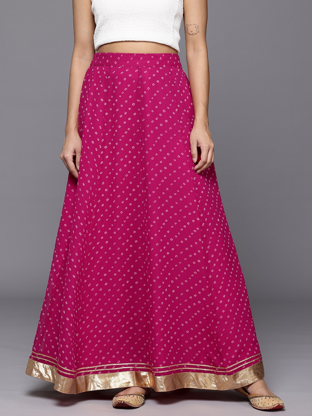 

Varanga Women Bandhani Printed Gotta Patti Detail Flared Maxi Skirt, Pink