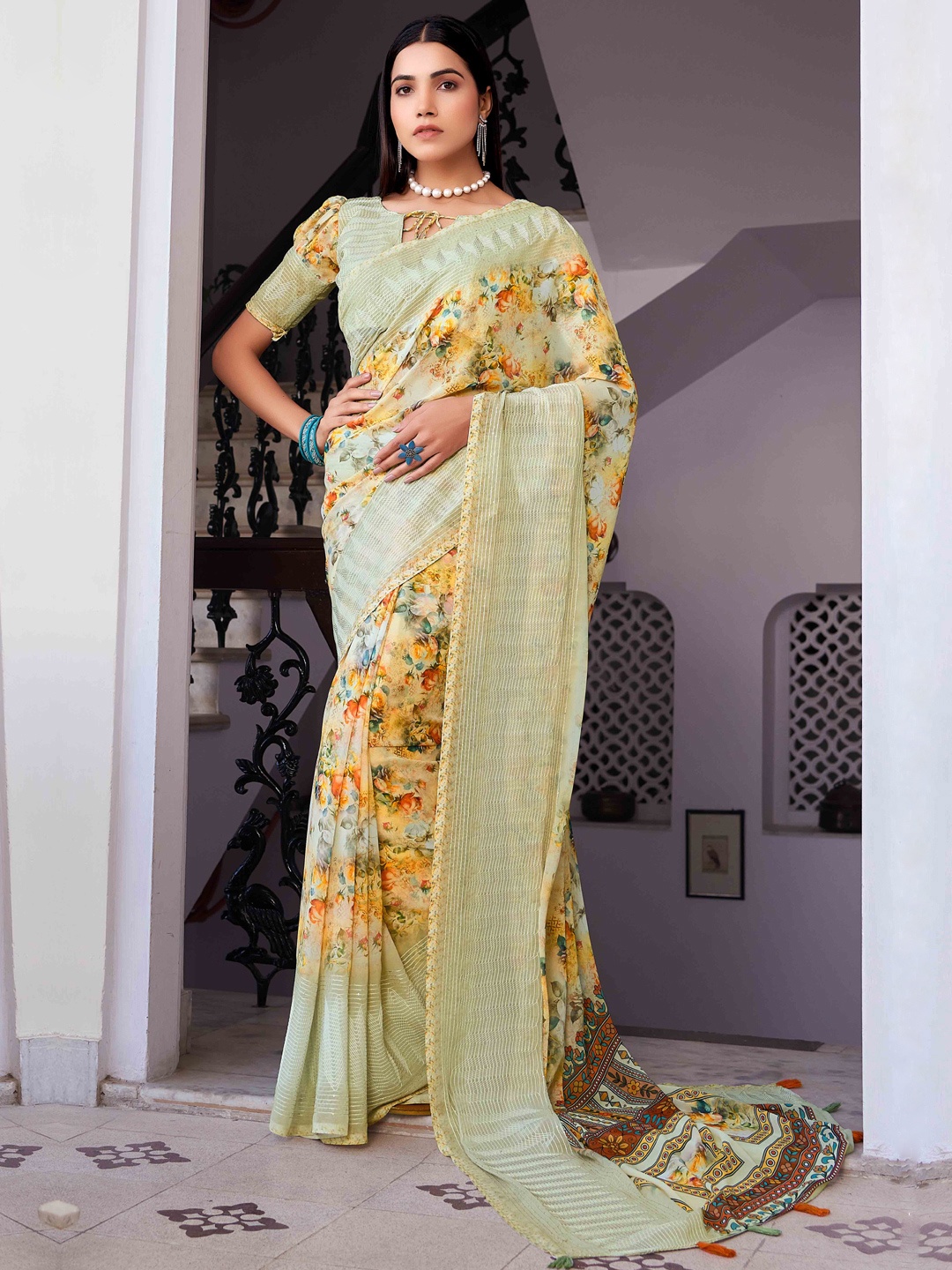

Mitera Floral Sequinned Saree, Yellow