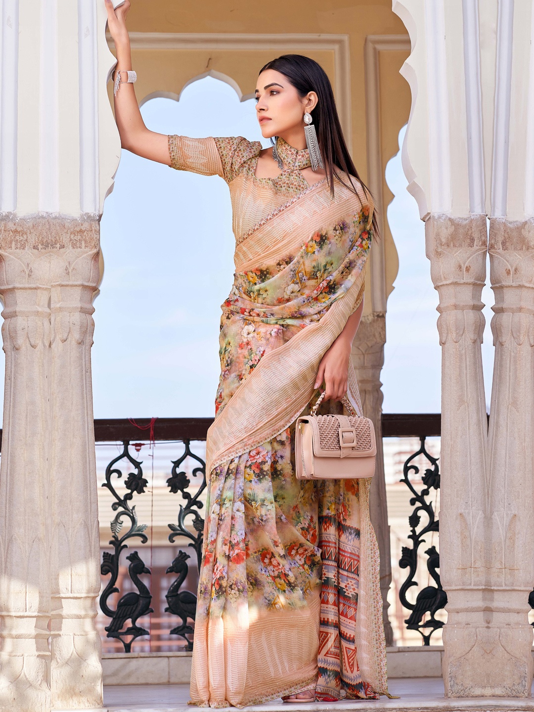 

Mitera Embellished Floral Saree With Blouse Piece, Peach