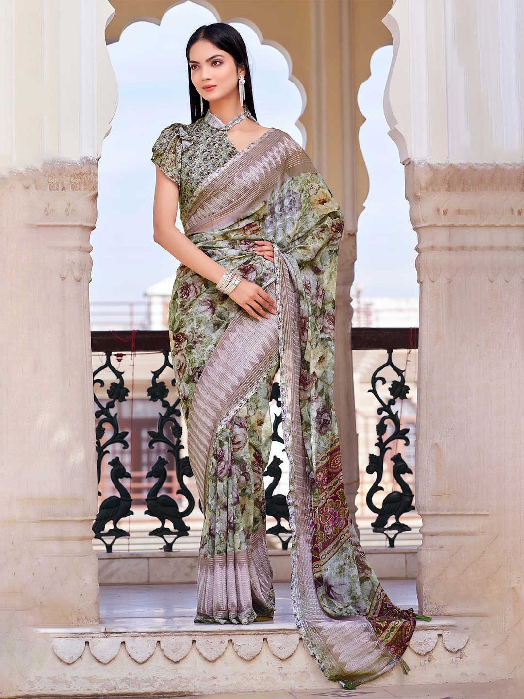 

Mitera Floral Sequinned Saree, Green