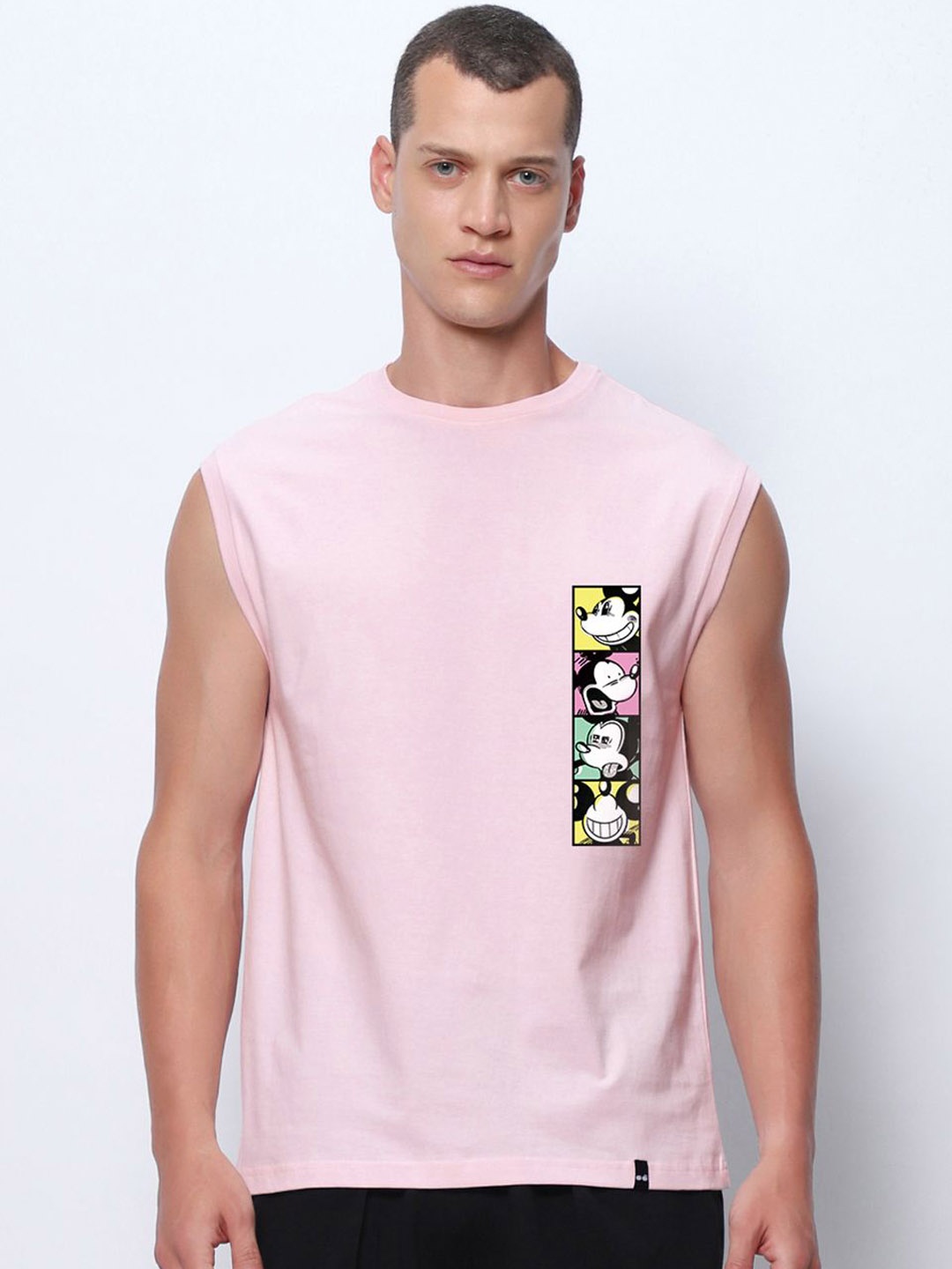 

Bewakoof Men Mickey Faces Graphic Printed Sleeveless Cotton T-shirt, Pink