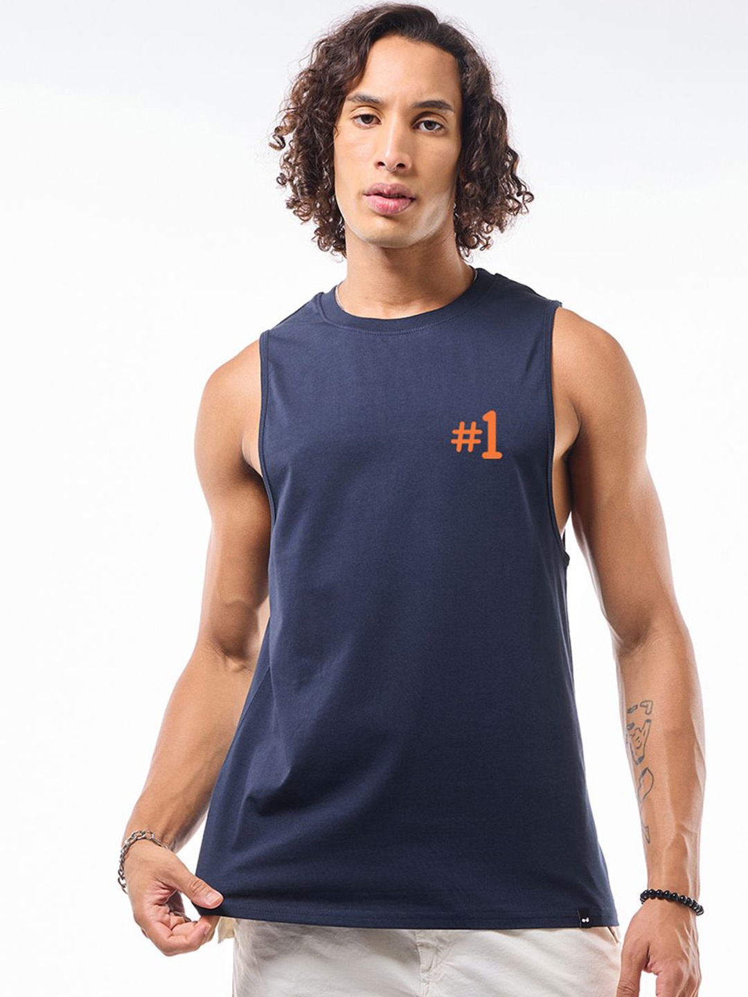 

Bewakoof Men Second to None Graphic Printed Pure Cotton Oversized Vest, Blue