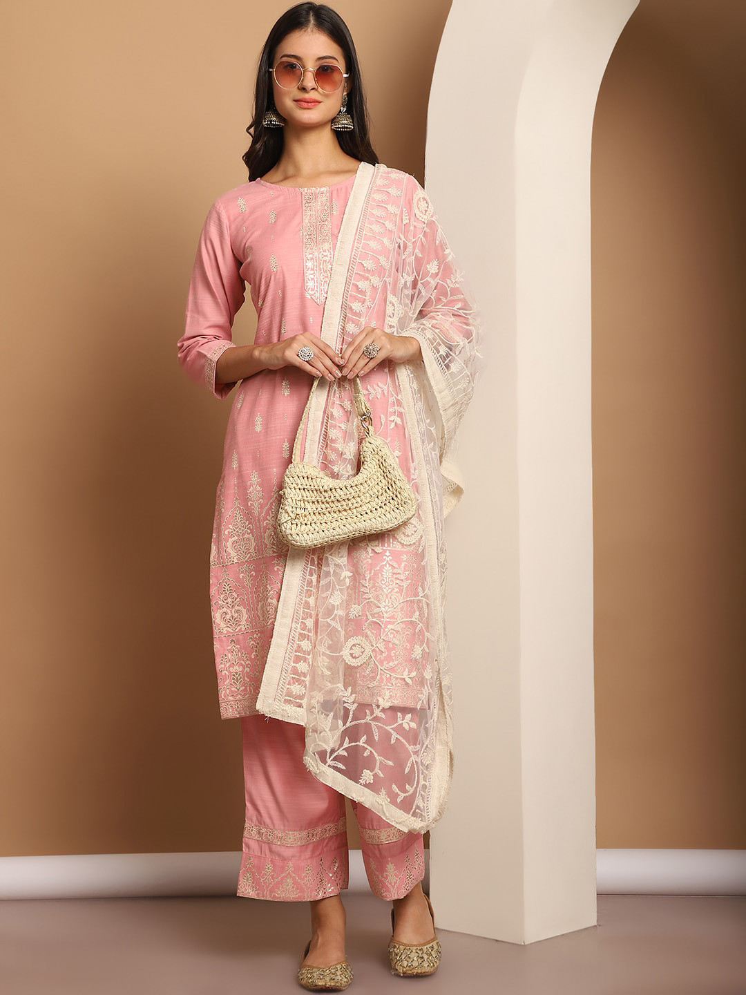 

Anouk Men Floral Printed Regular Chikankari Kurta with Palazzos & With Dupatta, Pink