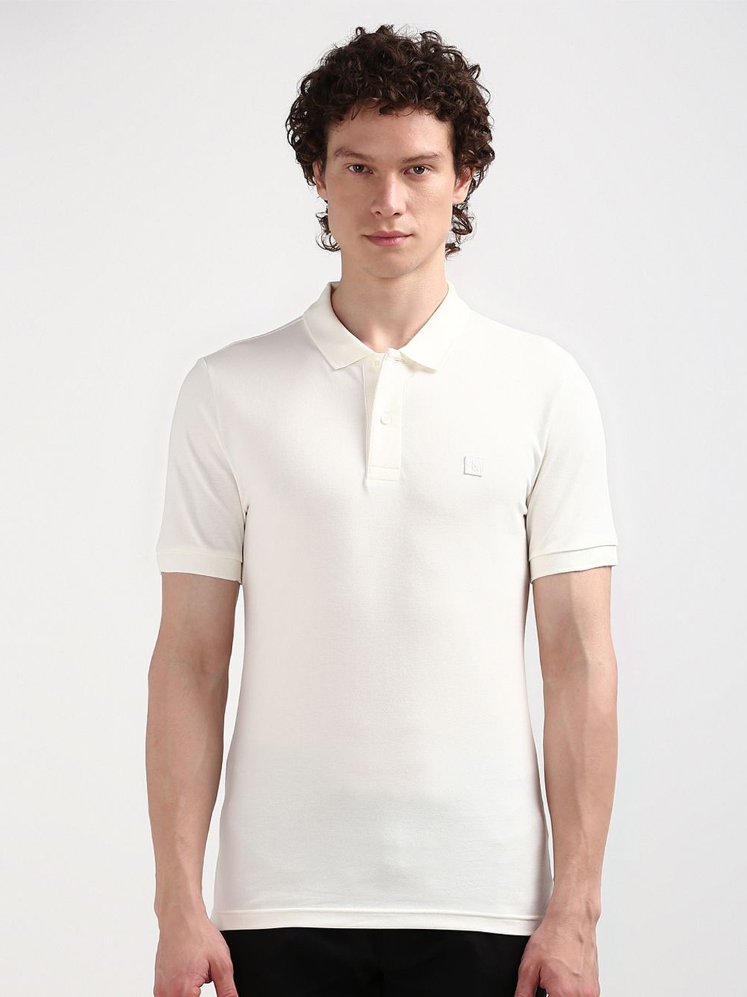 

Calvin Klein Jeans Men Polo Collar Applique Slim Fit T-shirt, Beige