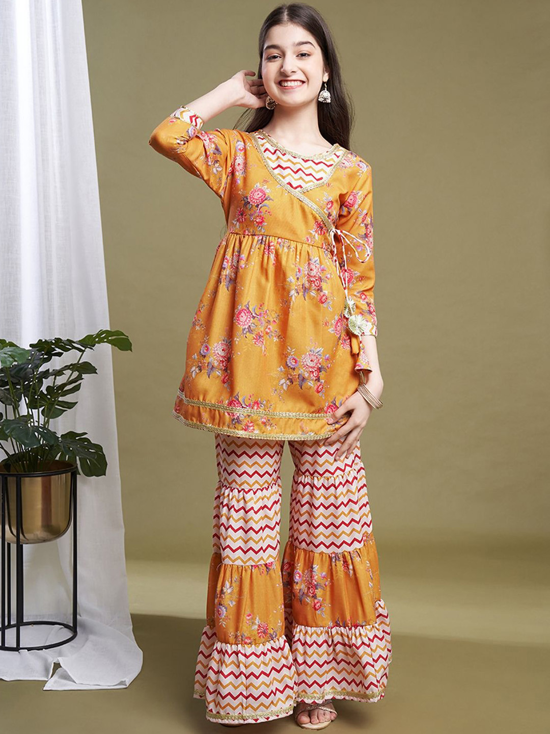 

BAESD Girls Floral Printed Angrakha Kurti with Sharara, Mustard
