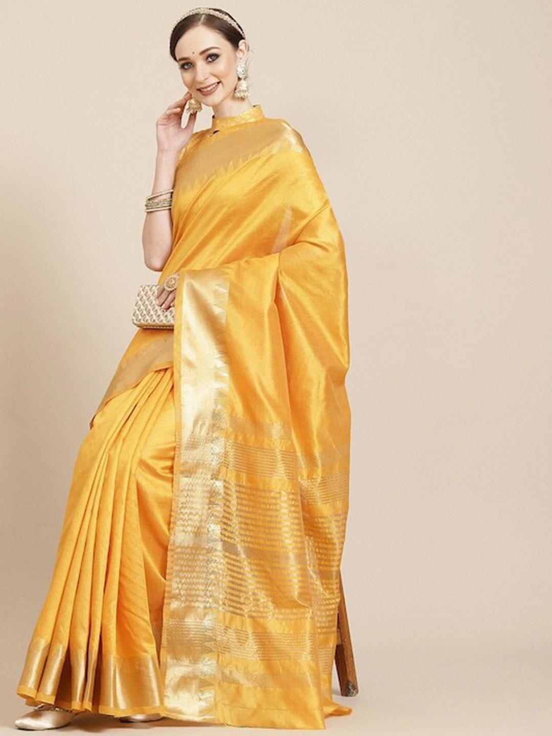 

KAVINDI Zari Saree With Blouse Piece, Yellow