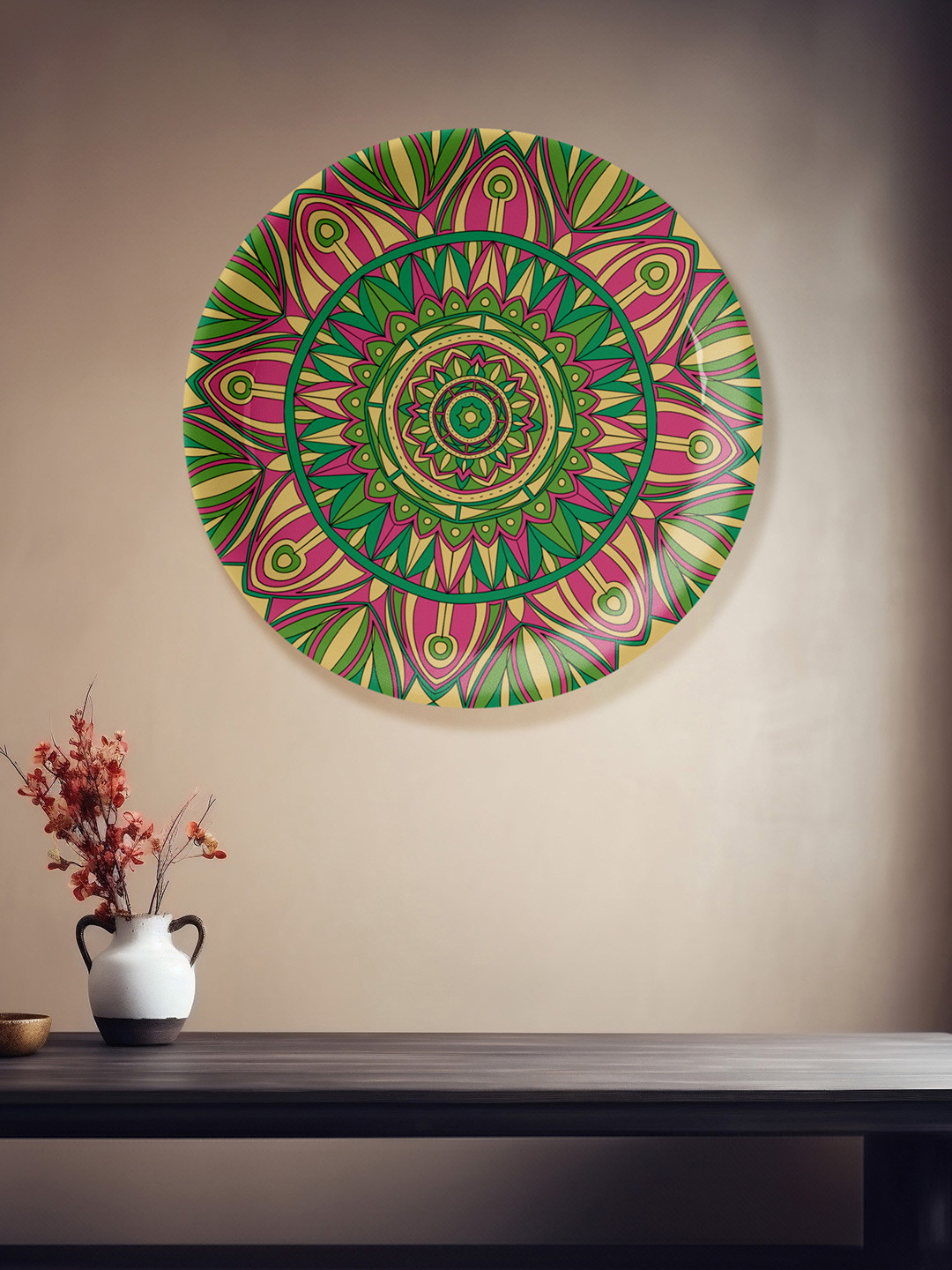 

nestroots Pink & Green Printed Ceramic Round Wall Plates