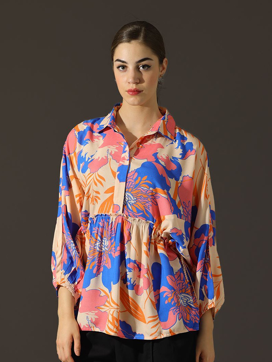 Dora Dori Relaxed Fit Shirt Style Kimono Sleeves Top, Peach